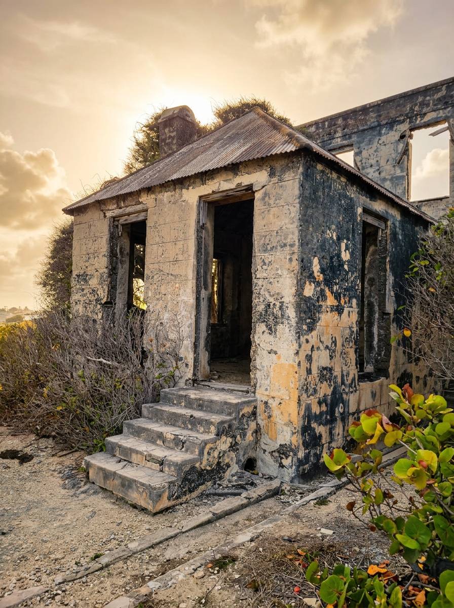Weathered stone chattel house with front steps