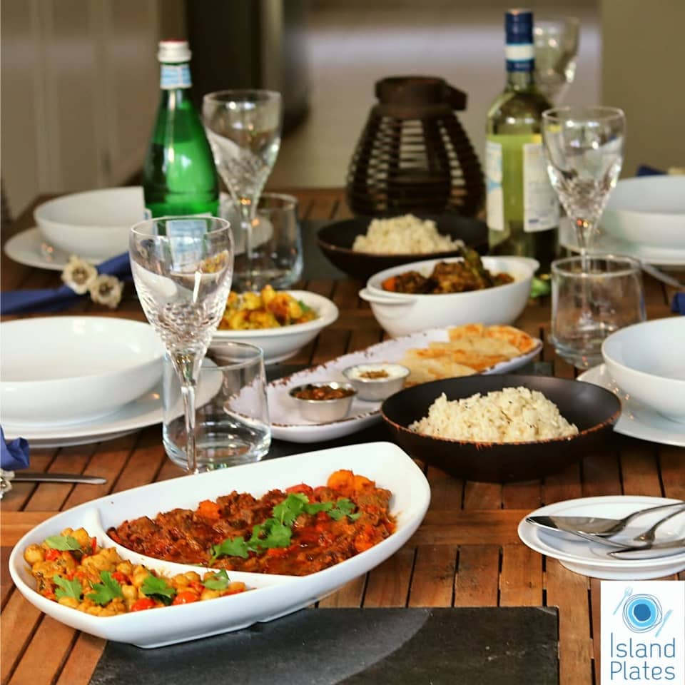 Island Plates dinner spread at the cottage table